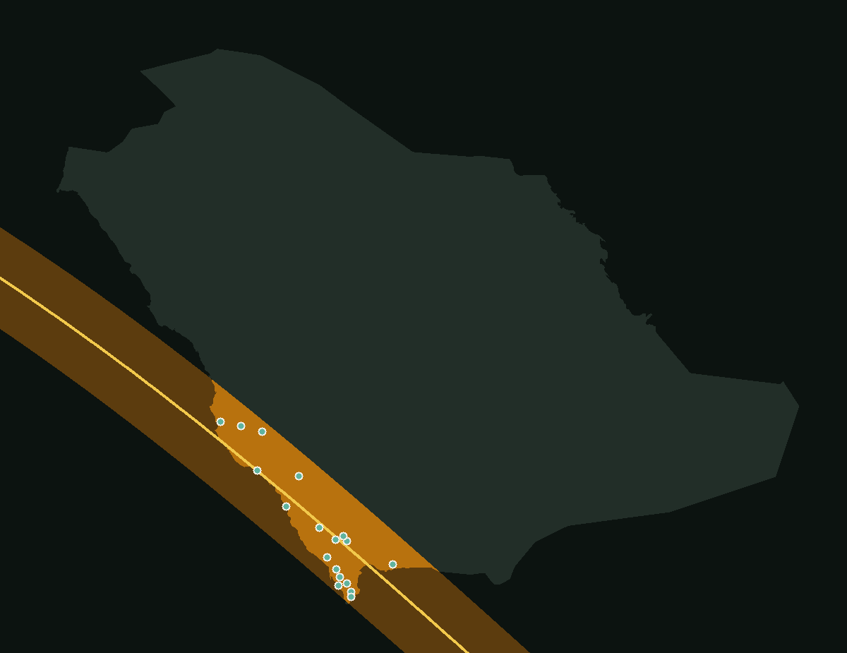 Map of the path of totality over Saudi Arabia and the cities it crosses