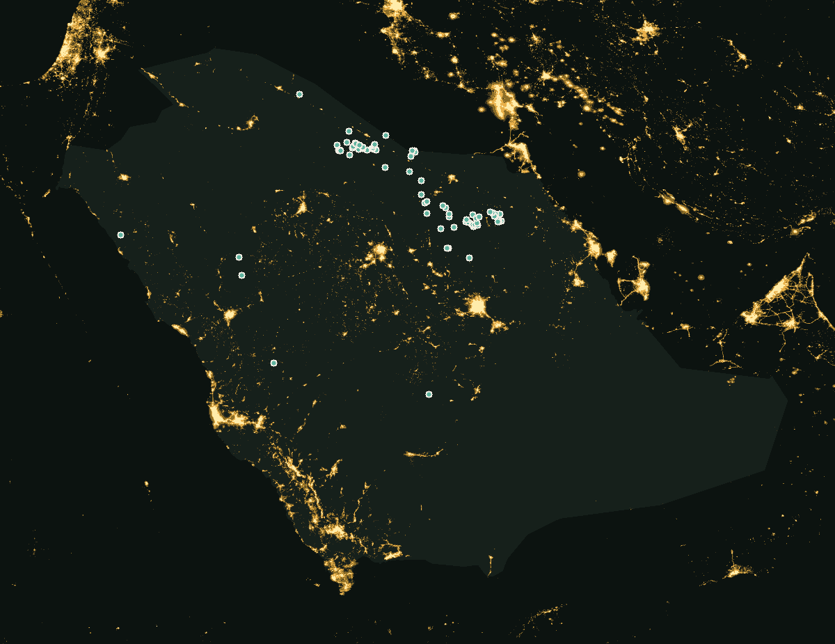خريطة أضواء الليل في المملكة، والنقاط أظلم الأماكن